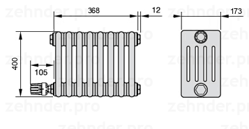 Схема (чертеж) Радиатор Zehnder Charleston 5040/8 №V004 Белый глянцевый RAL 9016